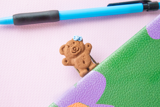 Realistic Happy Tiny Teddy Bookmark with Blue Bow – Handmade Food-Themed Gift for Book Lovers