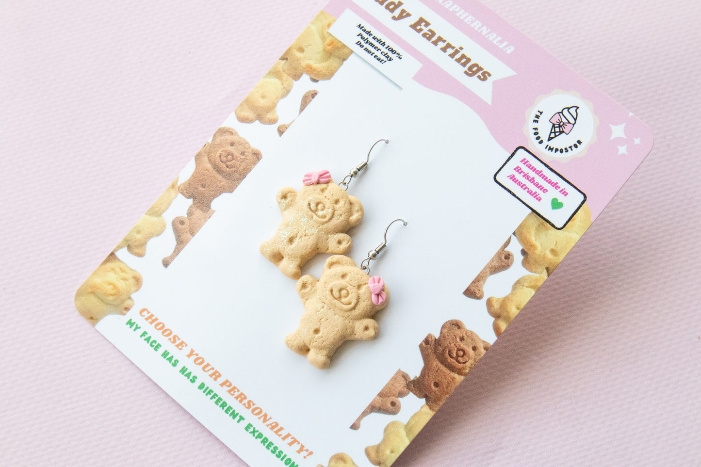 NEW! Glitter Honey Tiny Teddy Earrings – Realistic Handmade Aussie Biscuit Accessories | Polymer Clay Jewelry