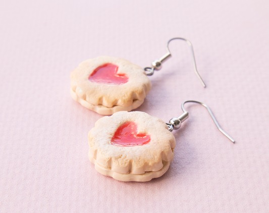 Realistic Jam Drop Valentines Cookie Earrings – Handmade Food Jewelry, Polymer Clay Dangle Earrings