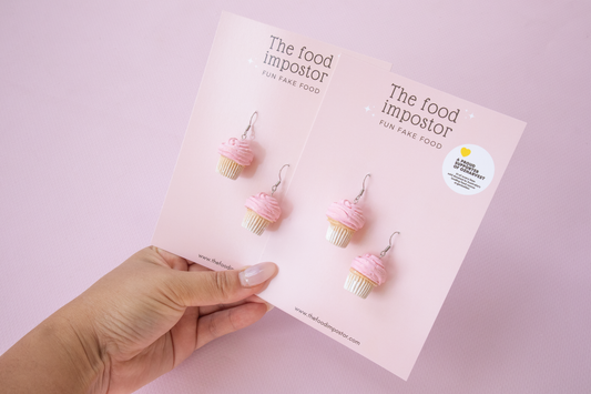 Realistic Pink Cupcake Earrings – Handmade Food Jewelry, Polymer Clay Dangle Earrings