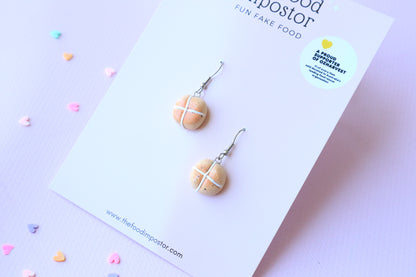 NEW!   Realistic HOT CROSS BUN – Handmade Food Jewelry, Polymer Clay Earrings on hooks