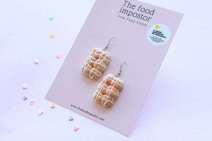 NEW!   Realistic HOT CROSS BUN – Handmade Food Jewelry, Polymer Clay Earrings on hooks