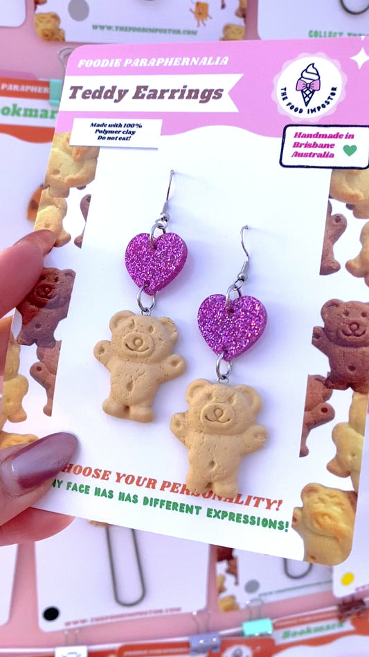 NEW! LOVE HEART Tiny Teddy Earrings  – Realistic Handmade Aussie Biscuit Accessories | Polymer Clay Jewelry