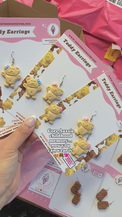 BESTSELLER ✨ Glitter Honey Tiny Teddy Earrings with bows  – Realistic Handmade Aussie Biscuit Accessories | Polymer Clay Jewelryi